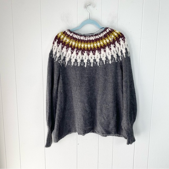 Free People Sweater Gray Knit Sz. Small Baltic Fair Isle Boatneck Bishop Sleeve - Picture 12 of 13